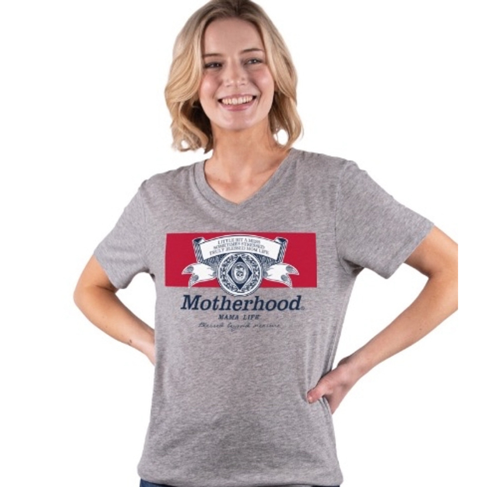 Simply Southern Gray V-Neck Tee with Red & Navy 'Motherhood' Graphic